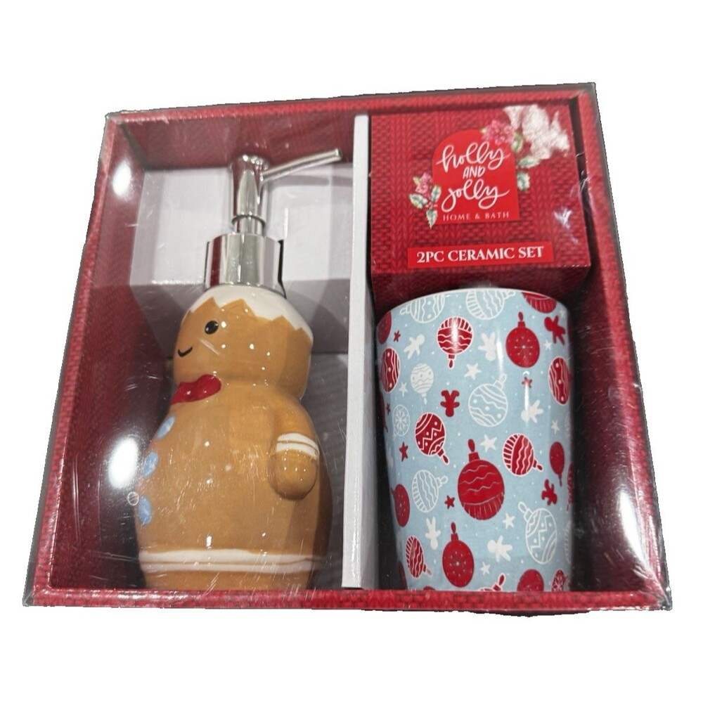 Holly & Jolly Christmas Bath Set 2pc Soap Dispenser & Tooth Brush Holder New